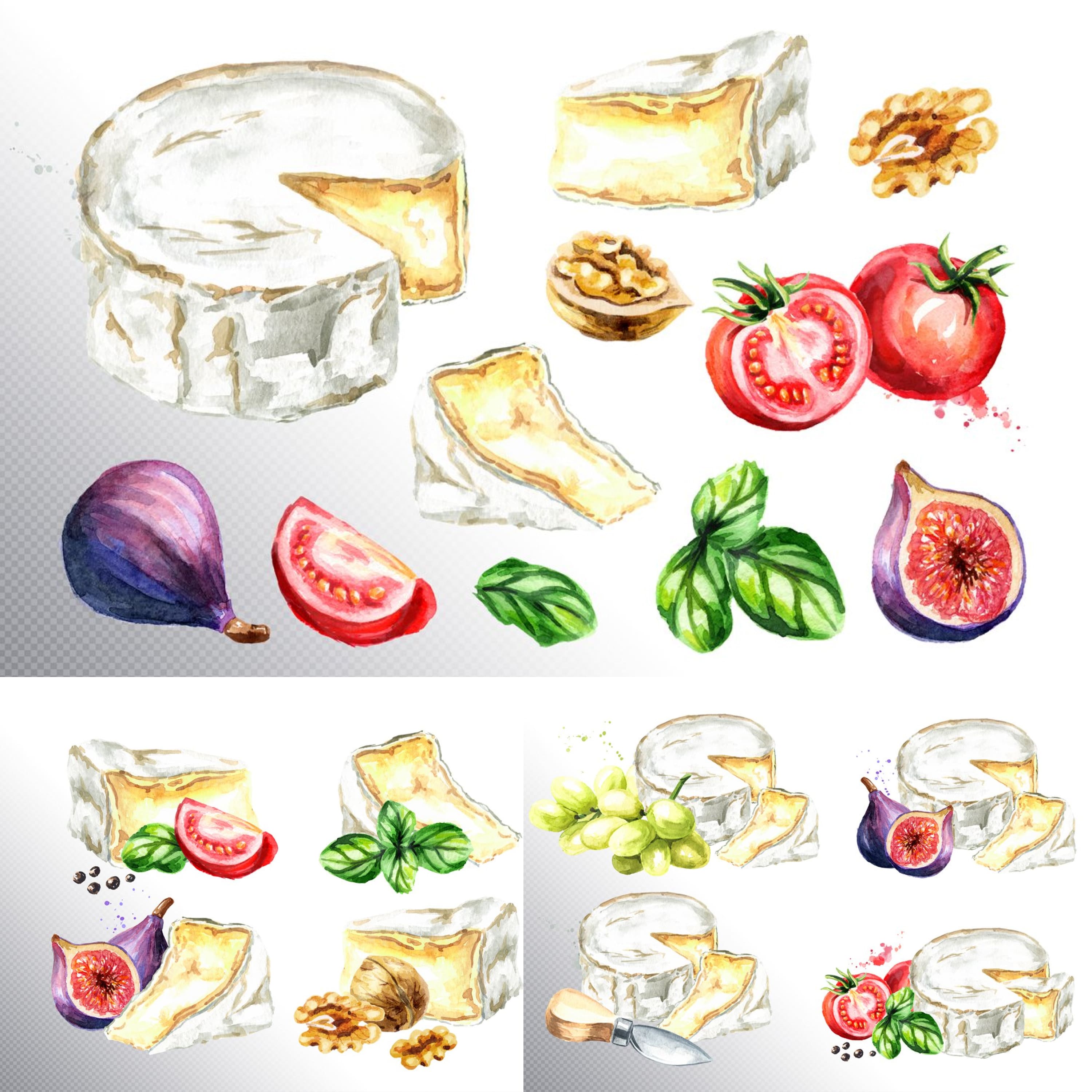 Set of bright images of camembert cheese and tomatoes.