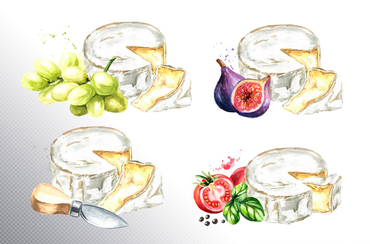 Image collection of camembert cheese and fruits.