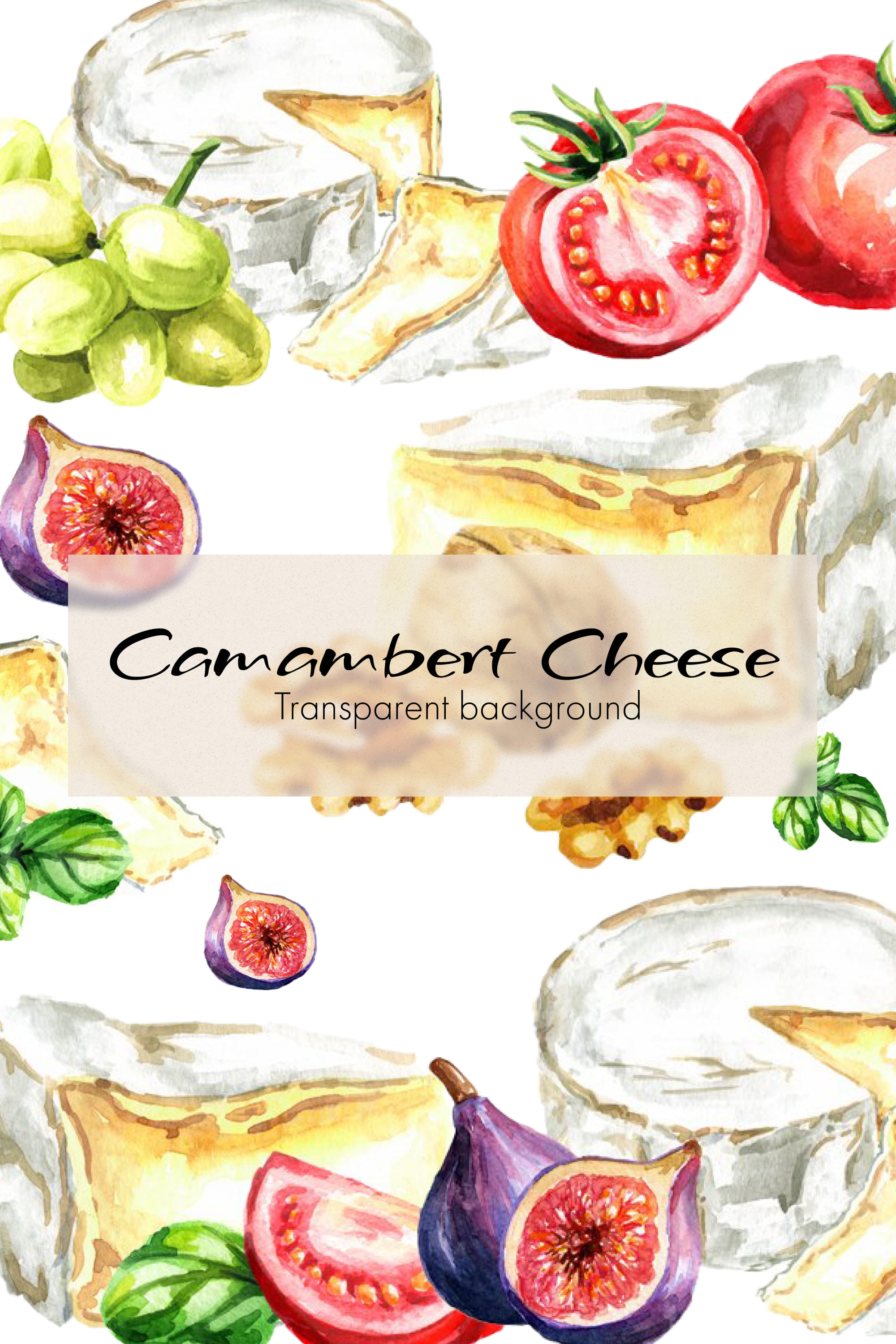 Set of images of camembert cheese and tomatoes and grapes.