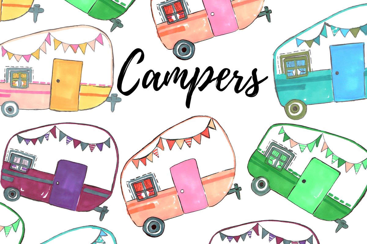 Cover image of Watercolor Camper Clipart.