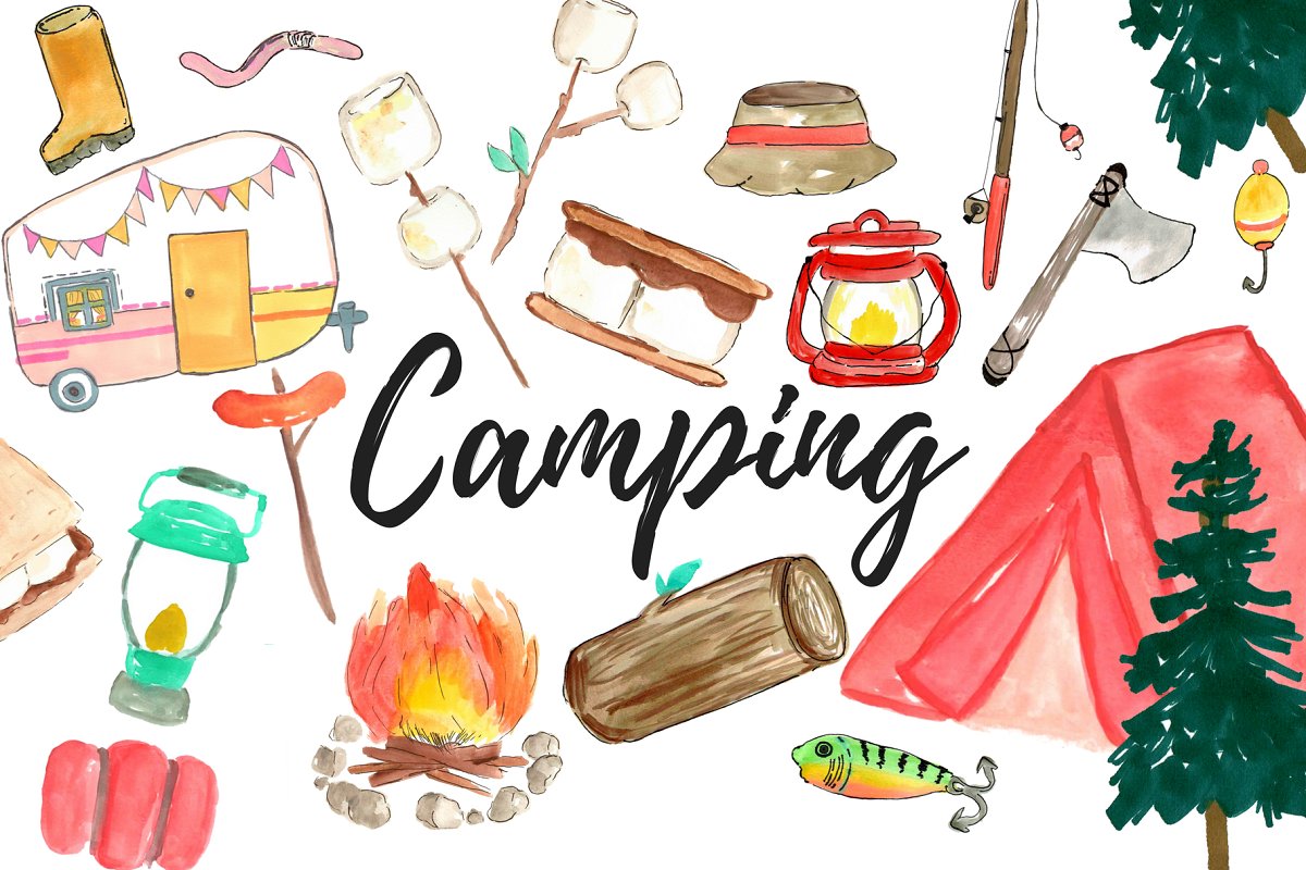 Cover image of Large Watercolor Camping Clipart Set.