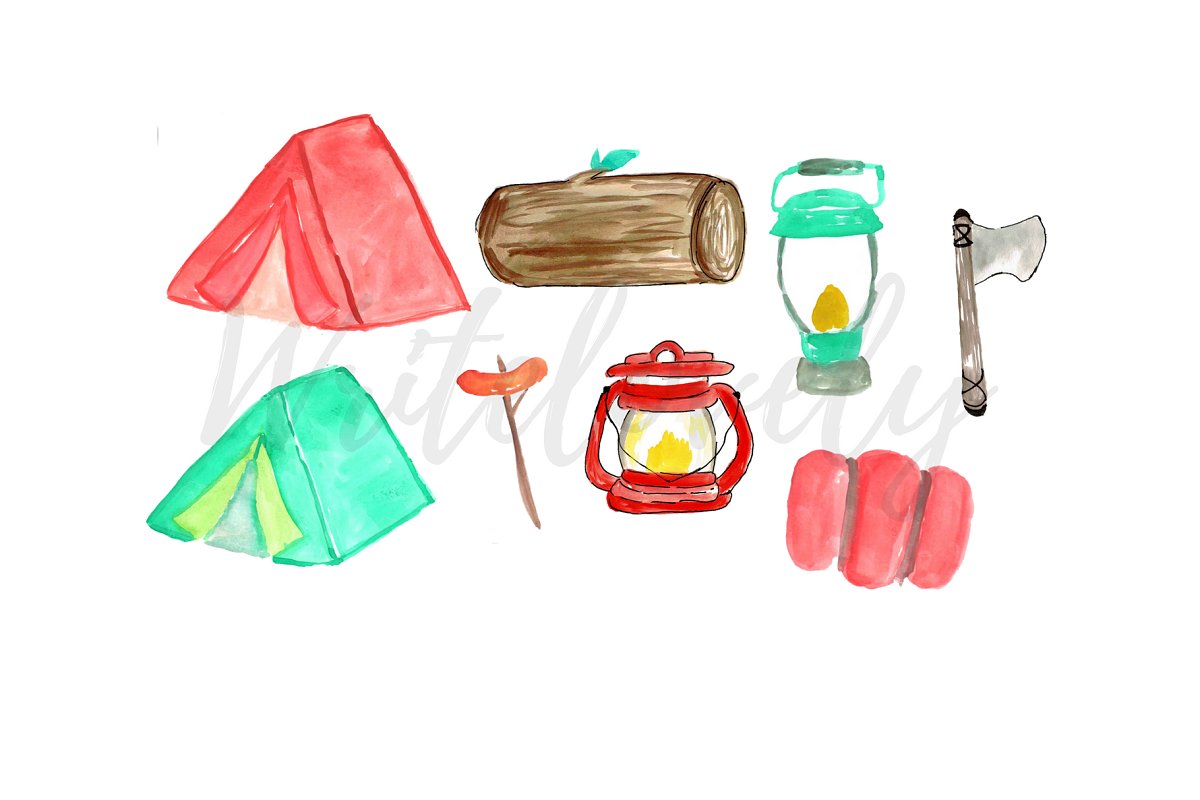 Camping watercolor elements.