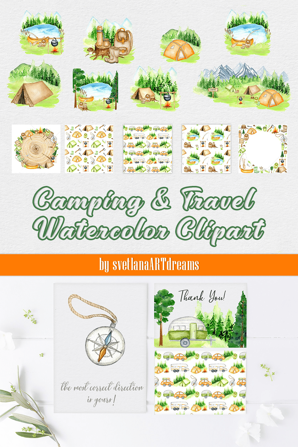 Camping & Travel Watercolor Clipart - pinterest image preview.