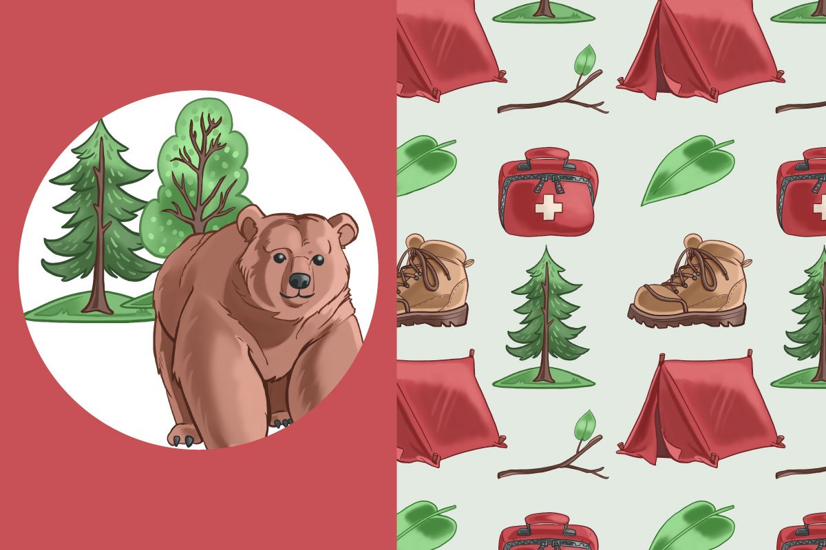 This set includes a brown bear, a tent, a campfire, a s'more, a hiking boot, a first aid kit, and more.