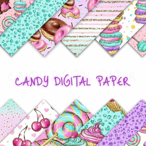 Candy digital paper, Macaron, donut, cupcake seamless papers.