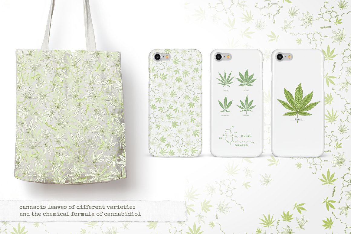 A set of 3 iPhone cases and shopping bag with a image of cannabis leaves.