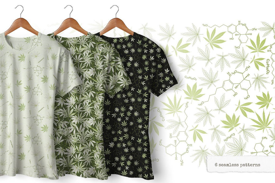 Pack of 3 T-shirts in grey, green and black with cannabis leaves print.