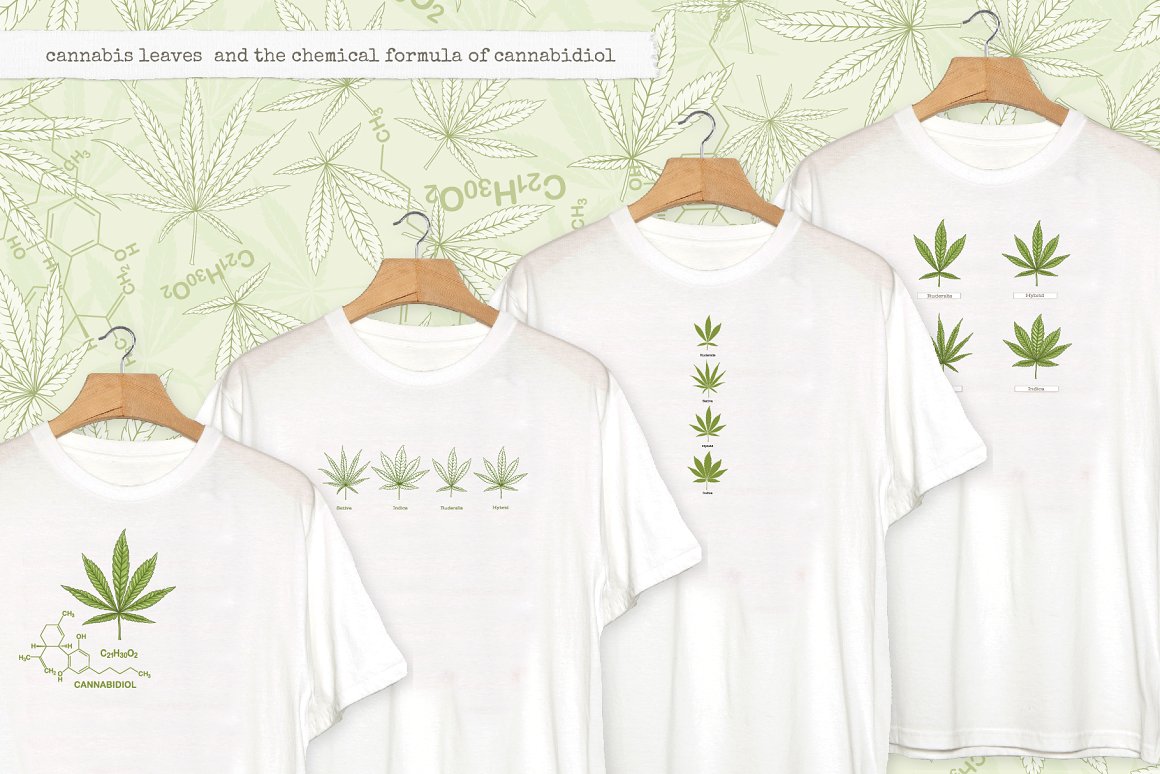 Set of 4 white T-shirts with a image of cannabis leaves.
