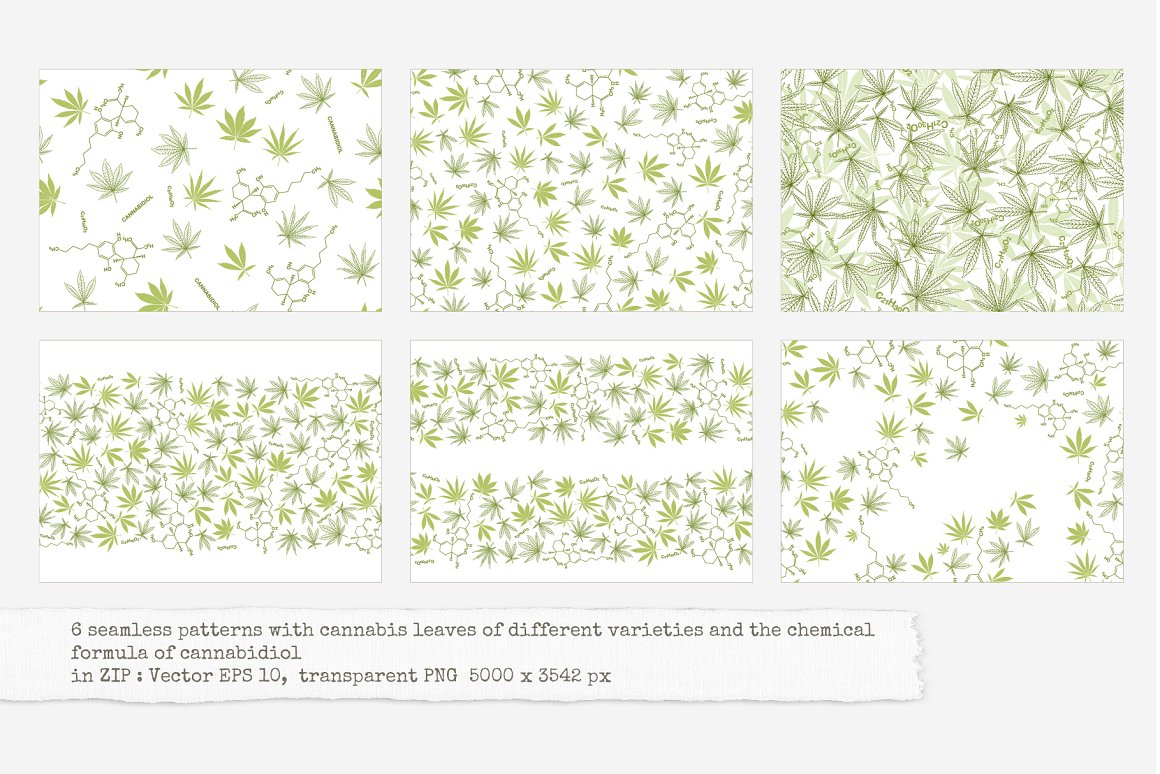 6 different seamless patterns with a image of cannabis leaves.
