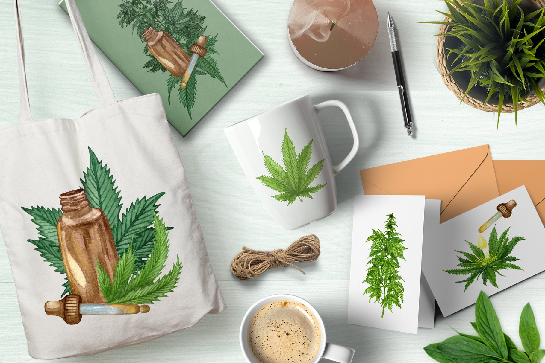 Design Cannabis on a shopper, cup and card.