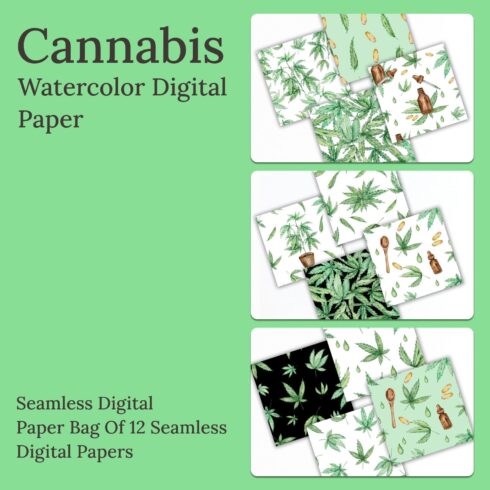 Cannabis watercolor digital paper - main image preview.