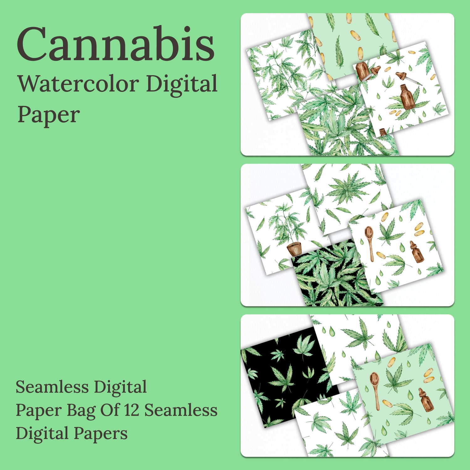 Cannabis watercolor digital paper - main image preview.
