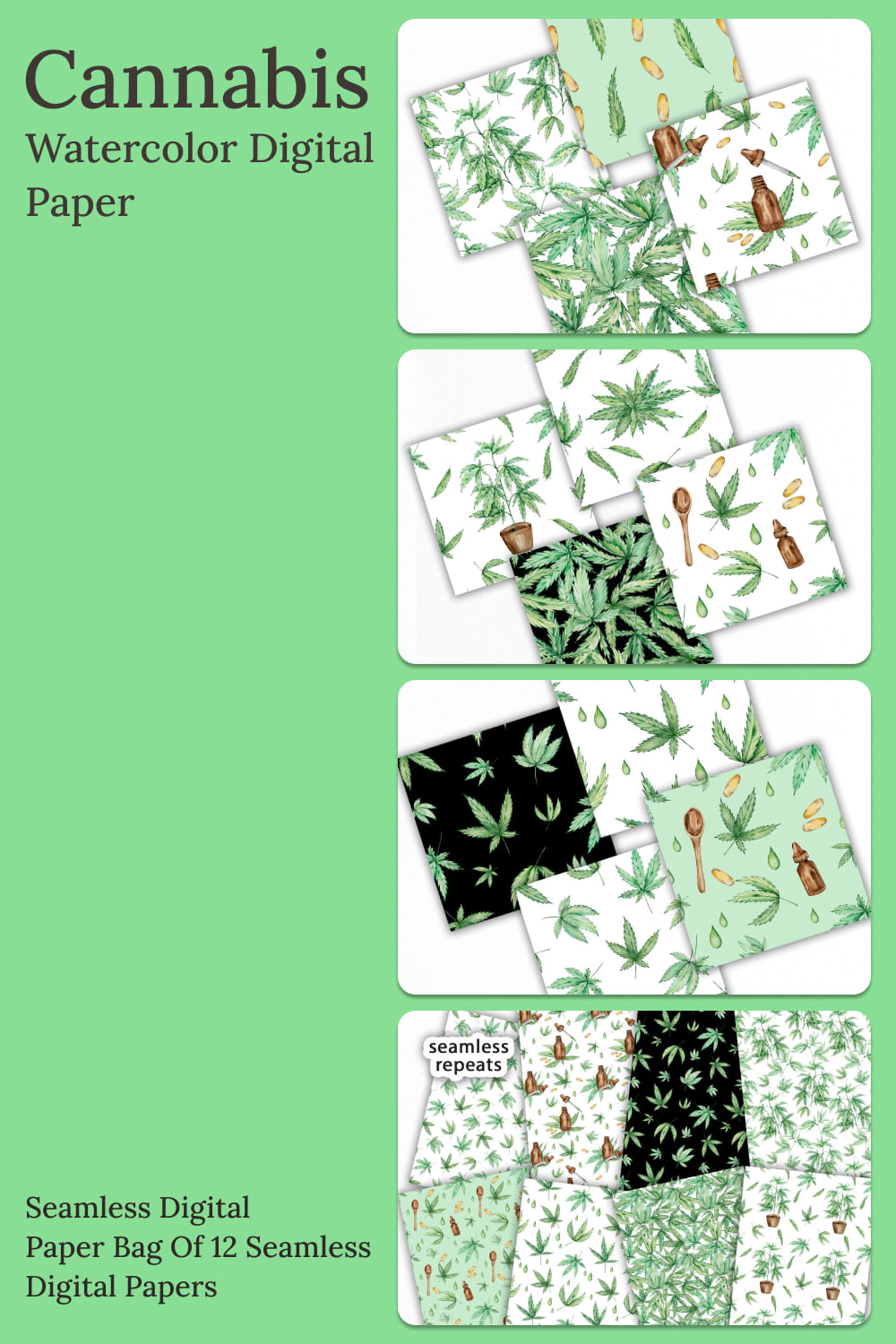 Cannabis watercolor digital paper - pinterest image preview.