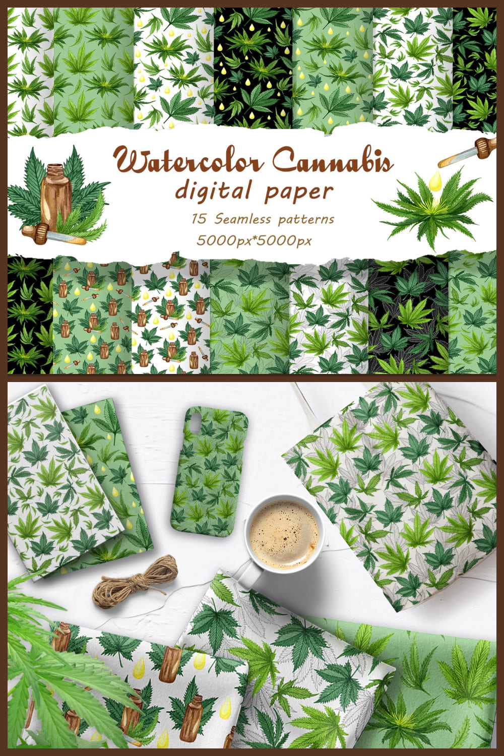 Cannabis watercolor digital papers - pinterest image preview.