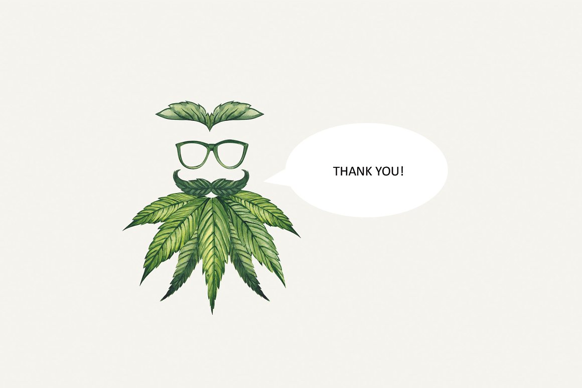 The lettering "Thank you" Watercolor Botanical Cannabis.