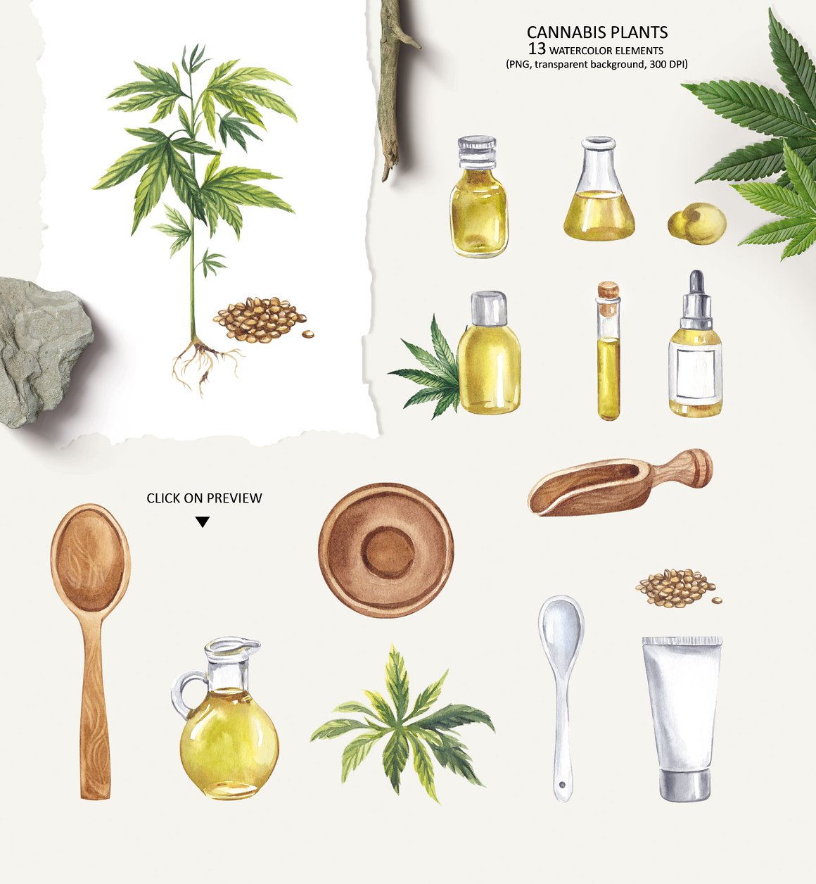 13 Watercolor Botanical Cannabis Elements.