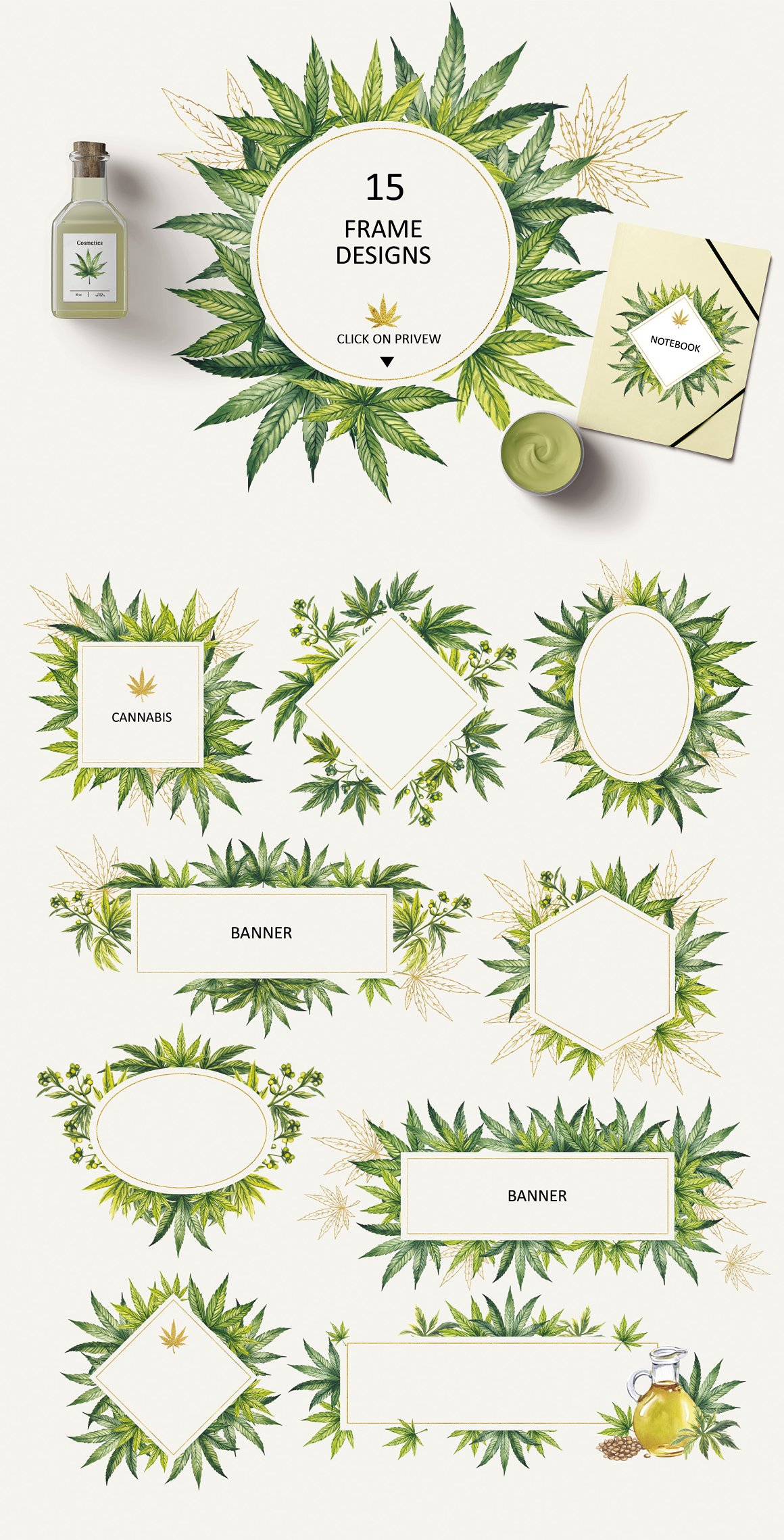 15 Frame Designs Watercolor Botanical Cannabis.
