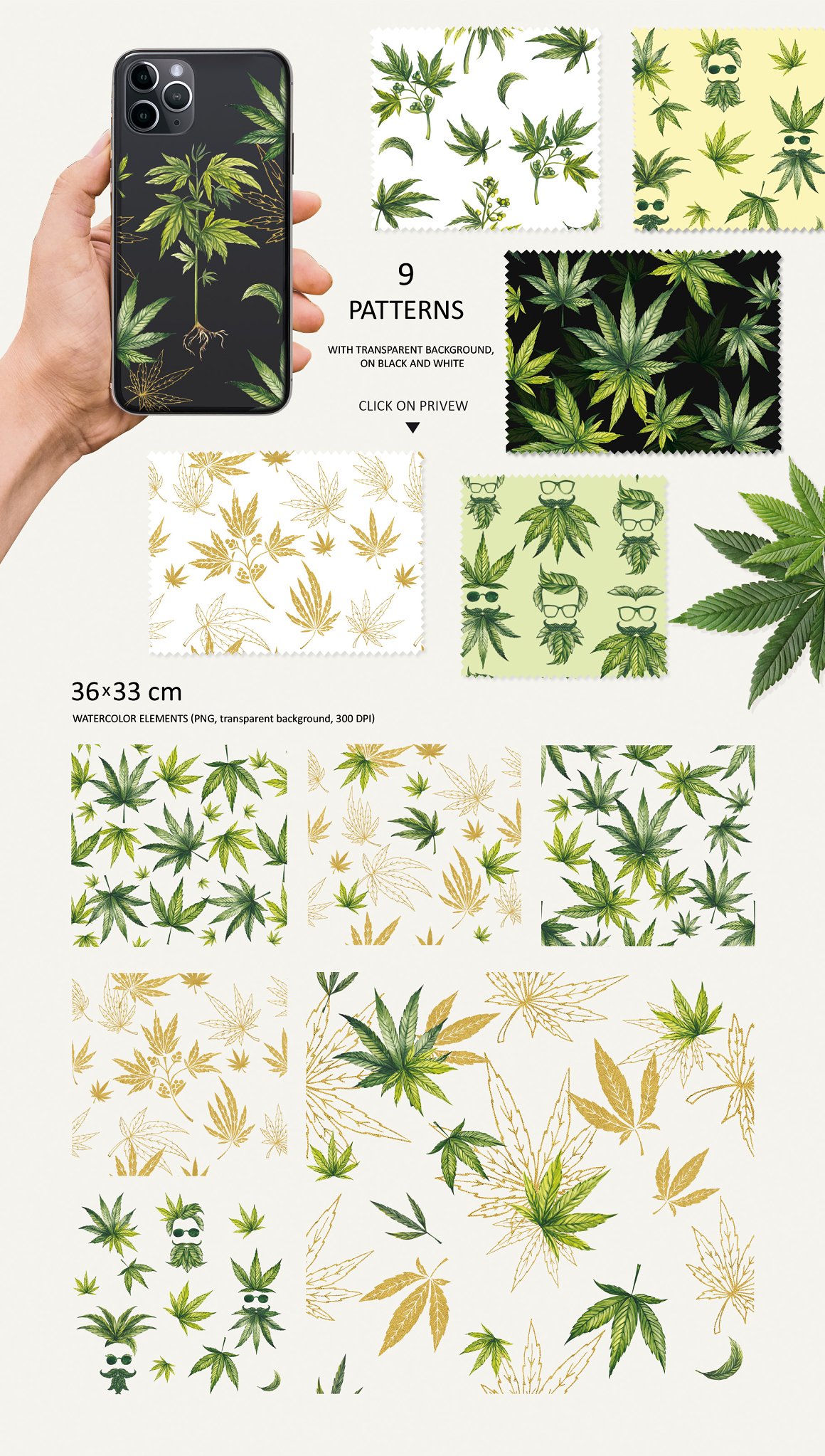 9 Patterns Watercolor Botanical Cannabis.