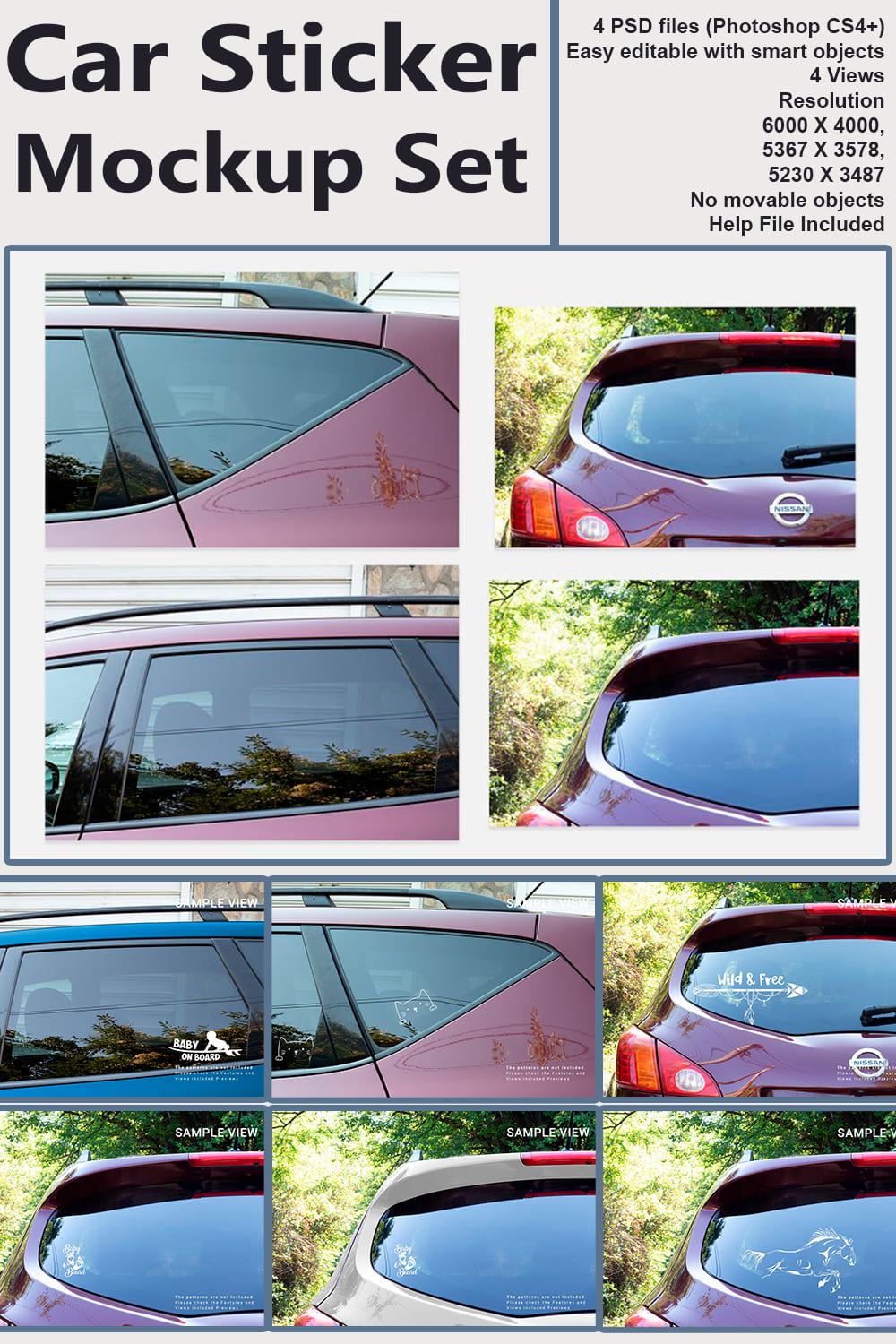 Set of cars photos with colorful stickers.