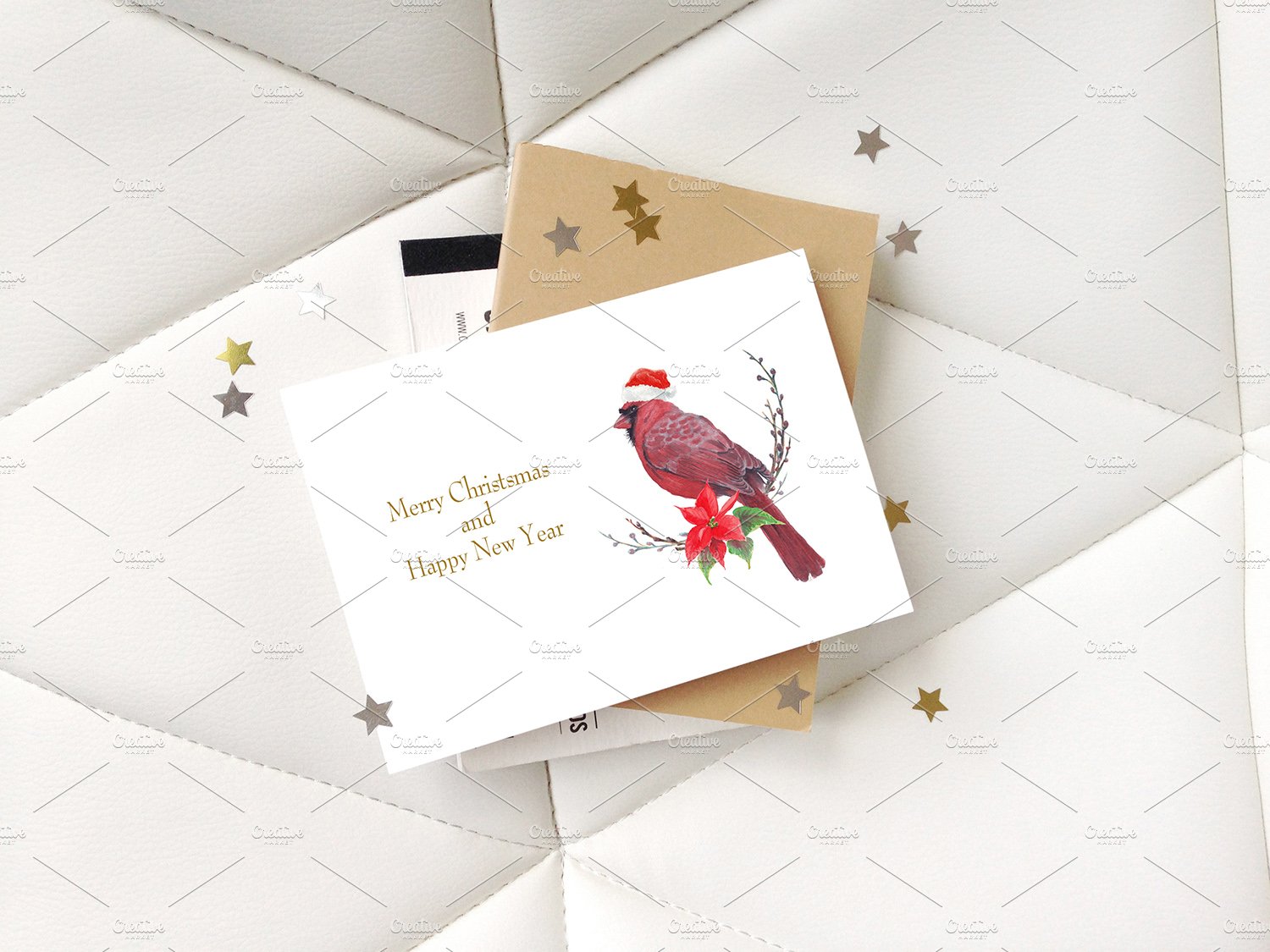 White card with red Christmas bird.