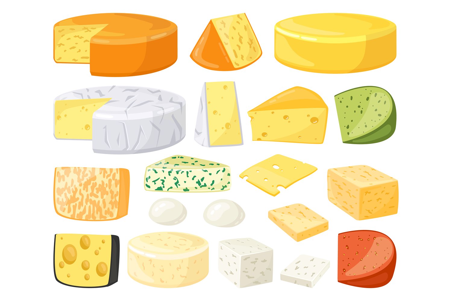 Collection of bright images of different types of cheese.