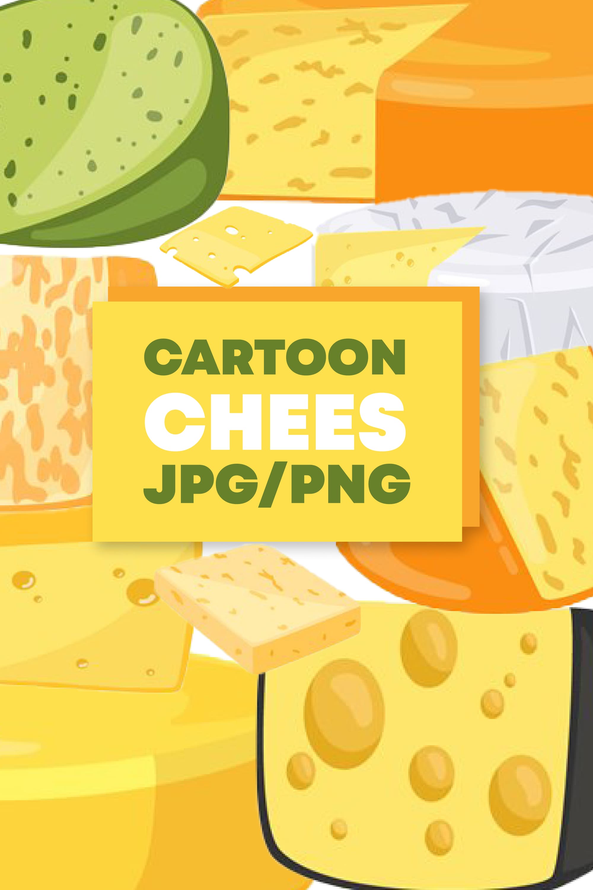 Set of cartoon images of different types of cheese.