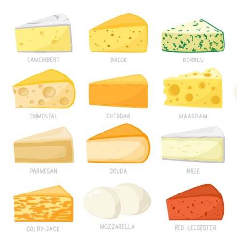 Cartoon Cheese Types. Cheese Triangles, Cheddar, Brie, Mozza ...