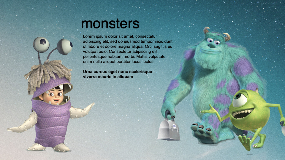Some cartoons monsters with a text section on a turquoise gradient background.