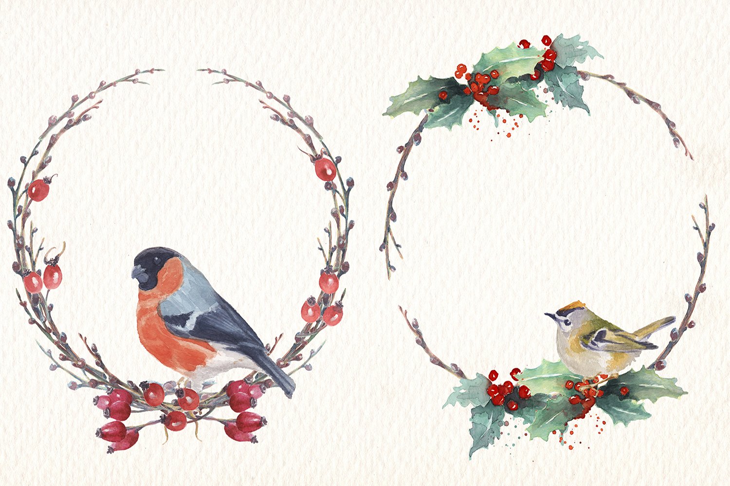 Watercolor wreath with winter birds.