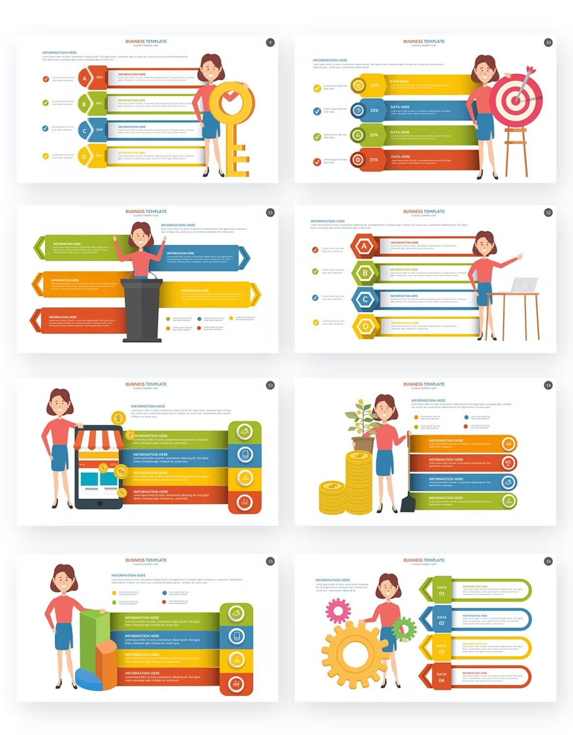 White backgrounds with classic colorful infographics.