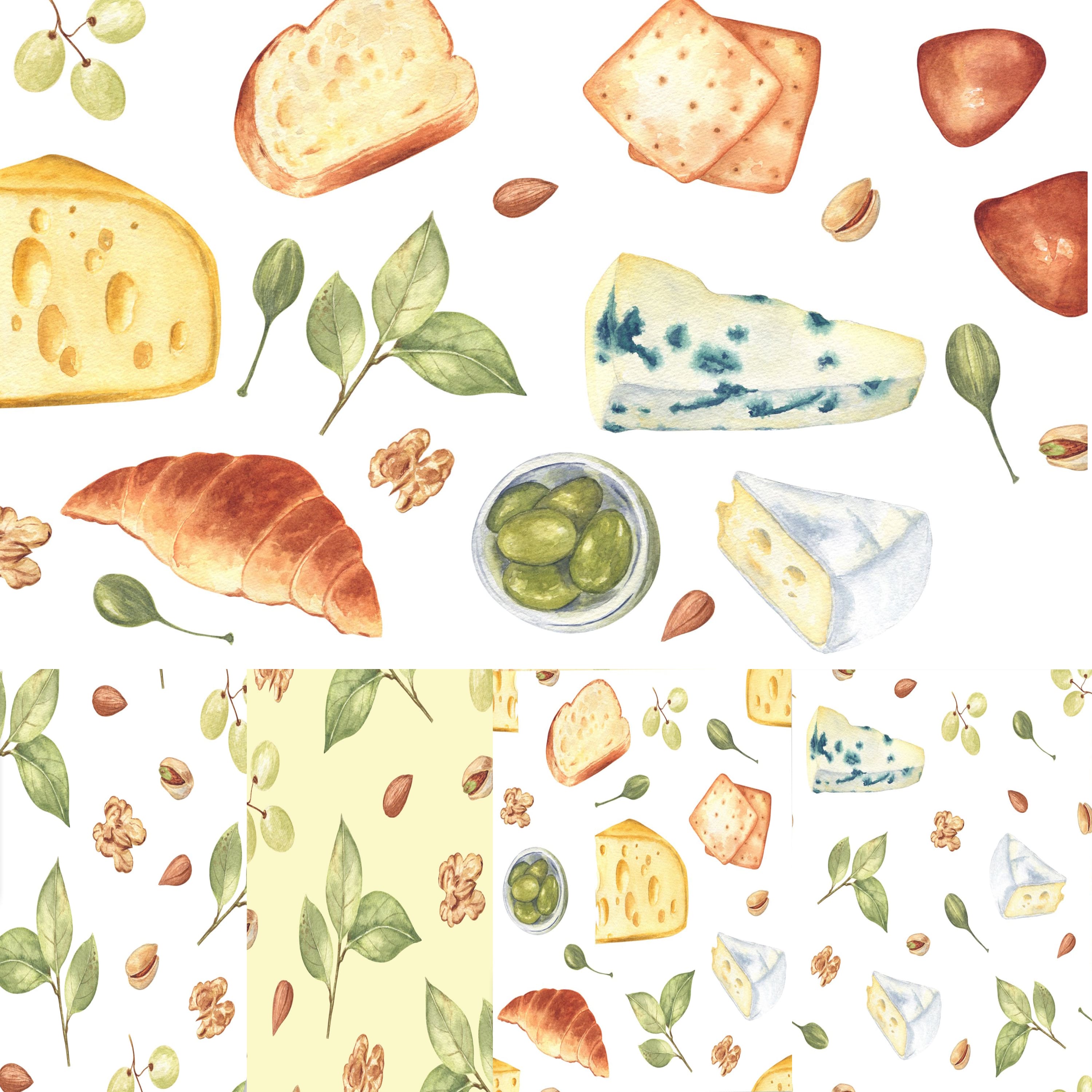 Set of colorful watercolor images of hard cheese and snacks.