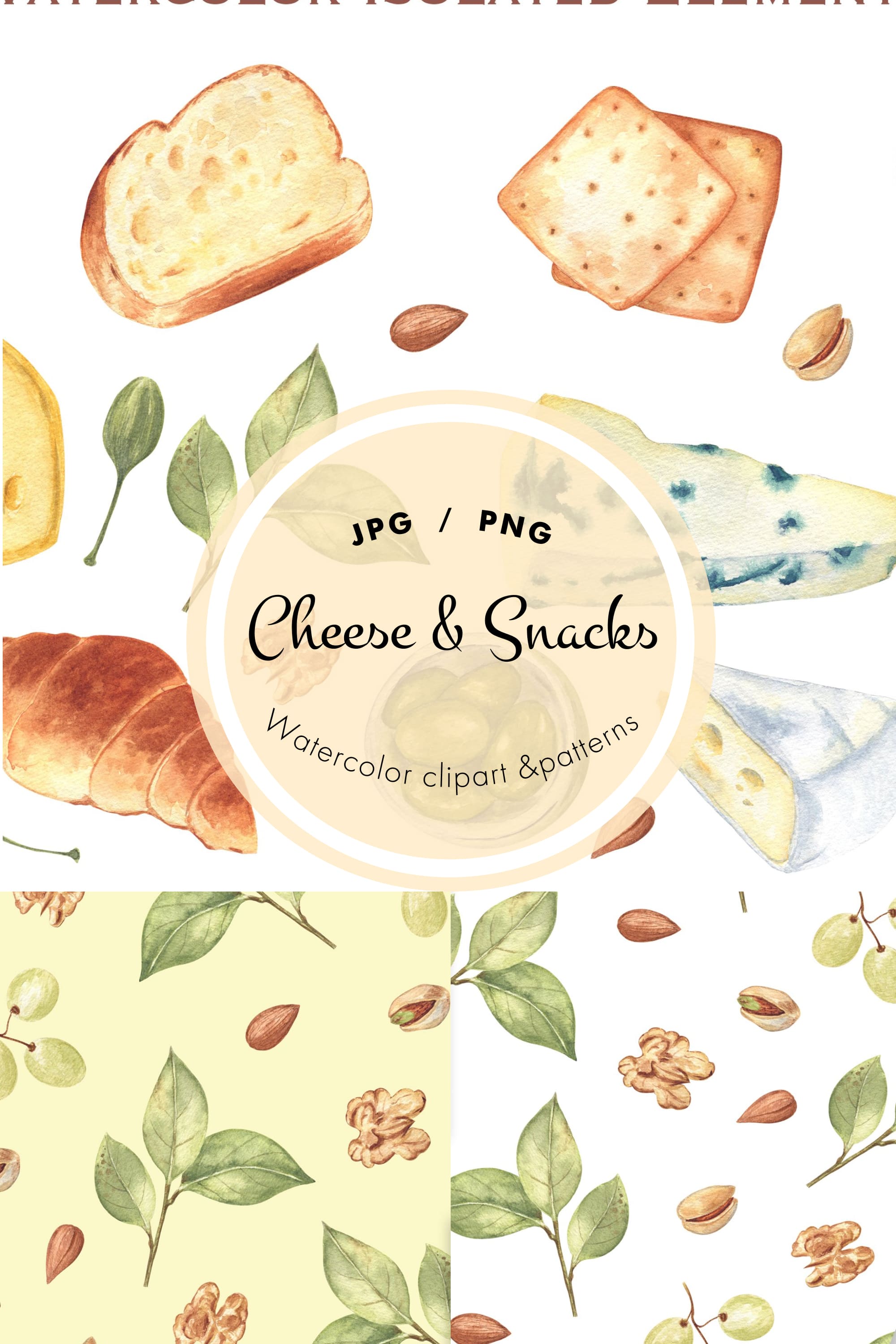 Collection of gorgeous watercolor images of hard cheese and snacks.
