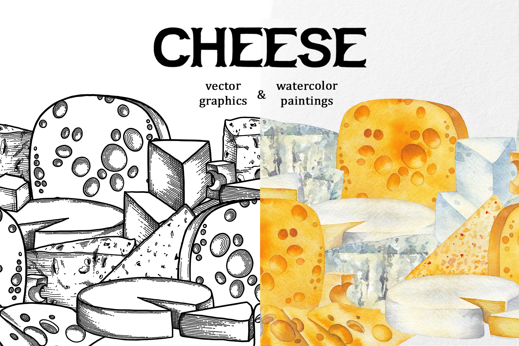Pack of colorful vector and watercolor images of various types of cheese.