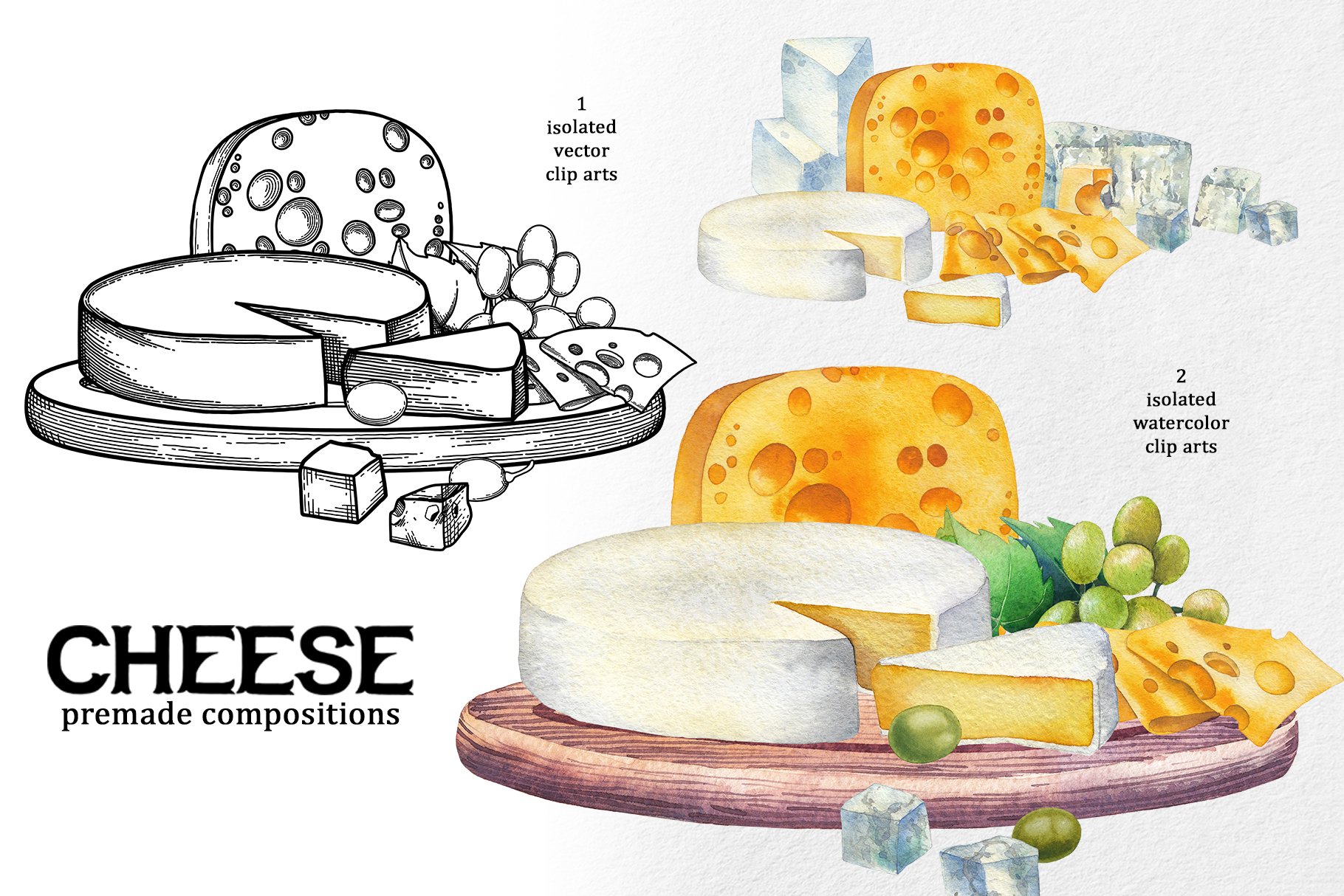 Set of colorful images of swiss cheeses.