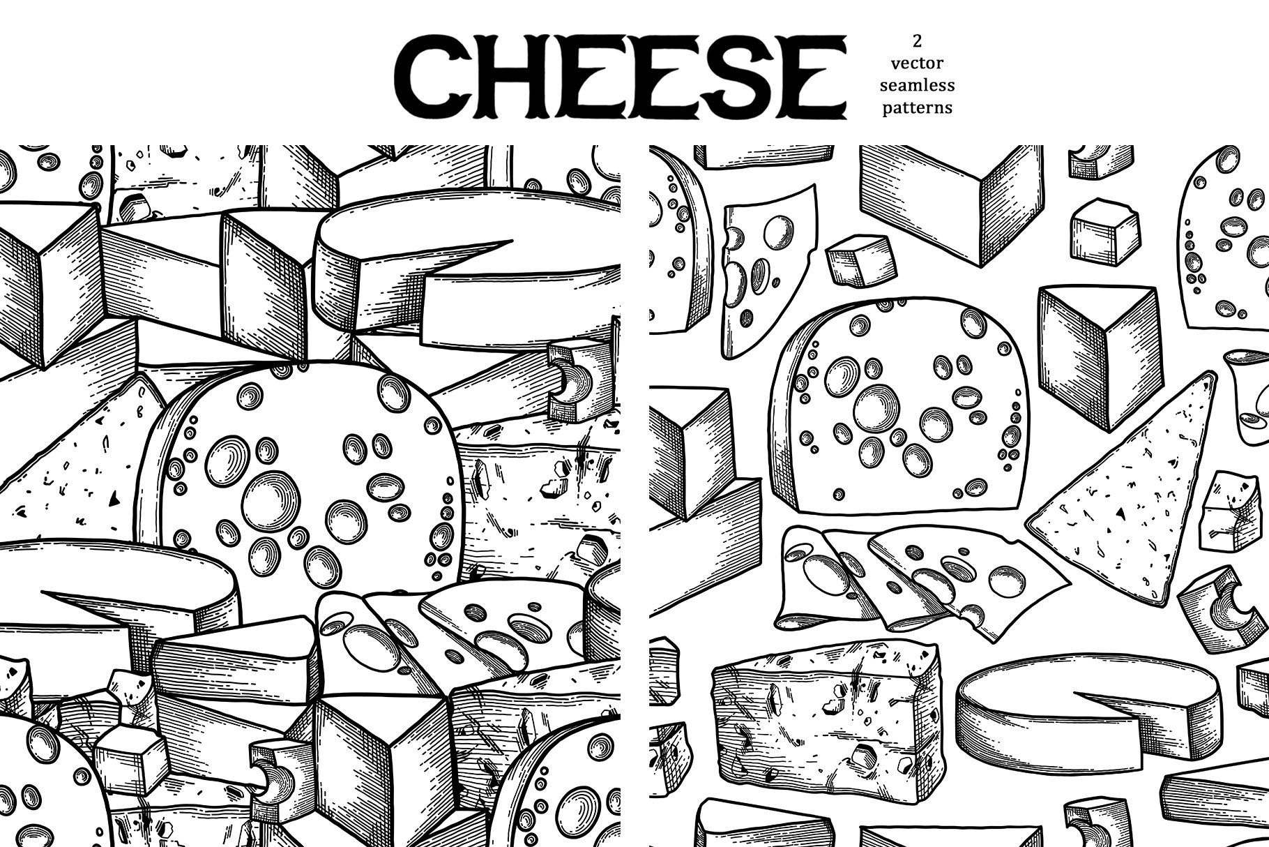 Set of colorful vector seamless patterns with images of hard cheese.
