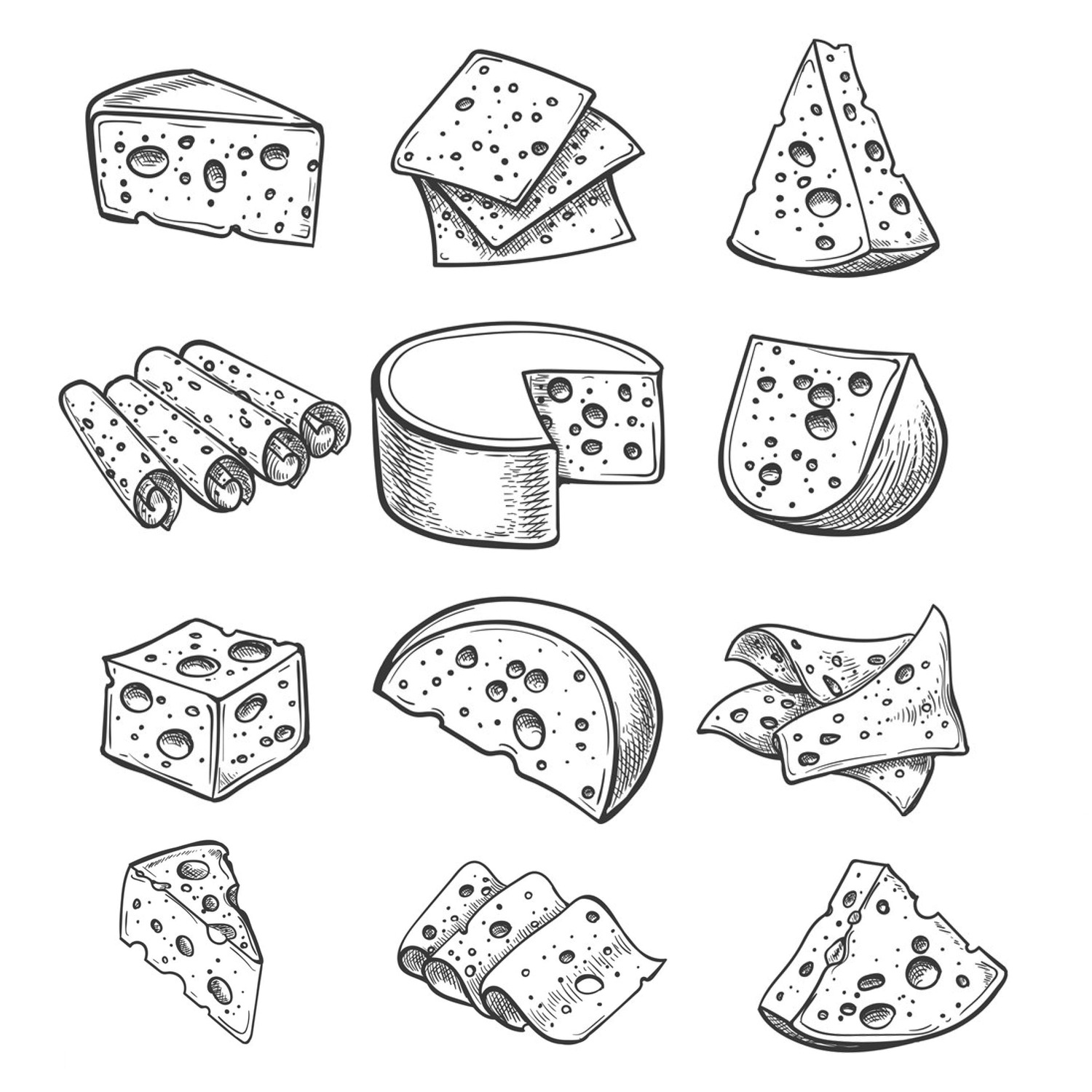 Pack of images of hand-drawn pieces of hard cheese.