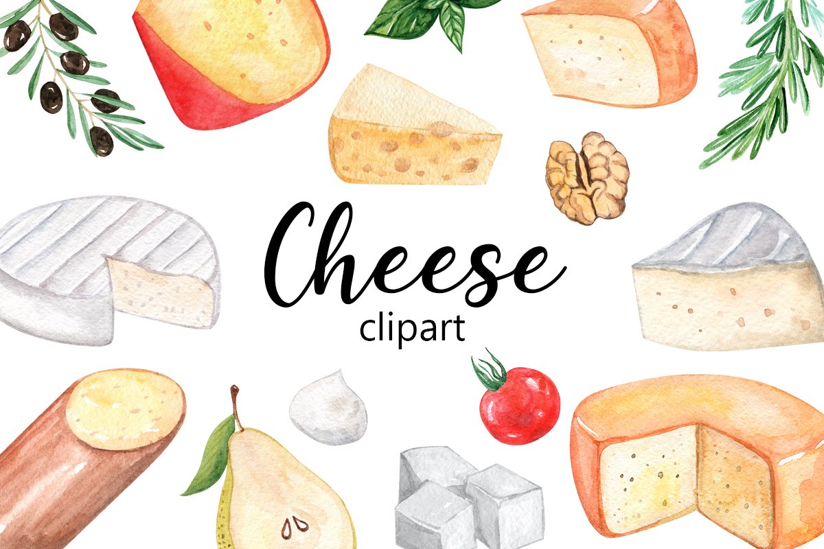 Set of watercolor images of french cheeses and fruits.