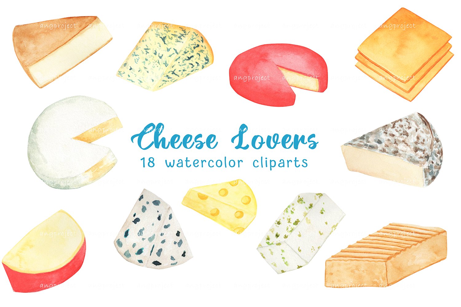 Set of colorful watercolor images of gourmet cheeses.