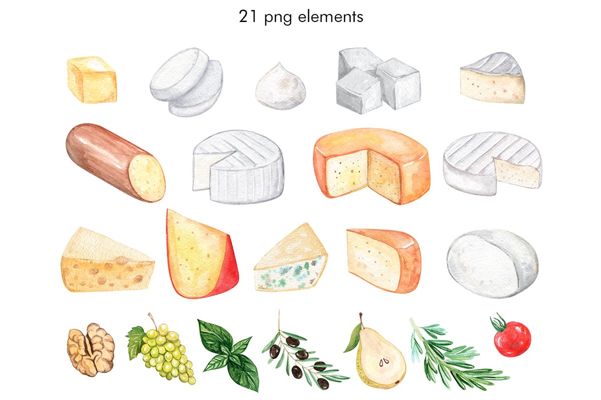 Compilation of irresistible images of gourmet cheeses and fruits.