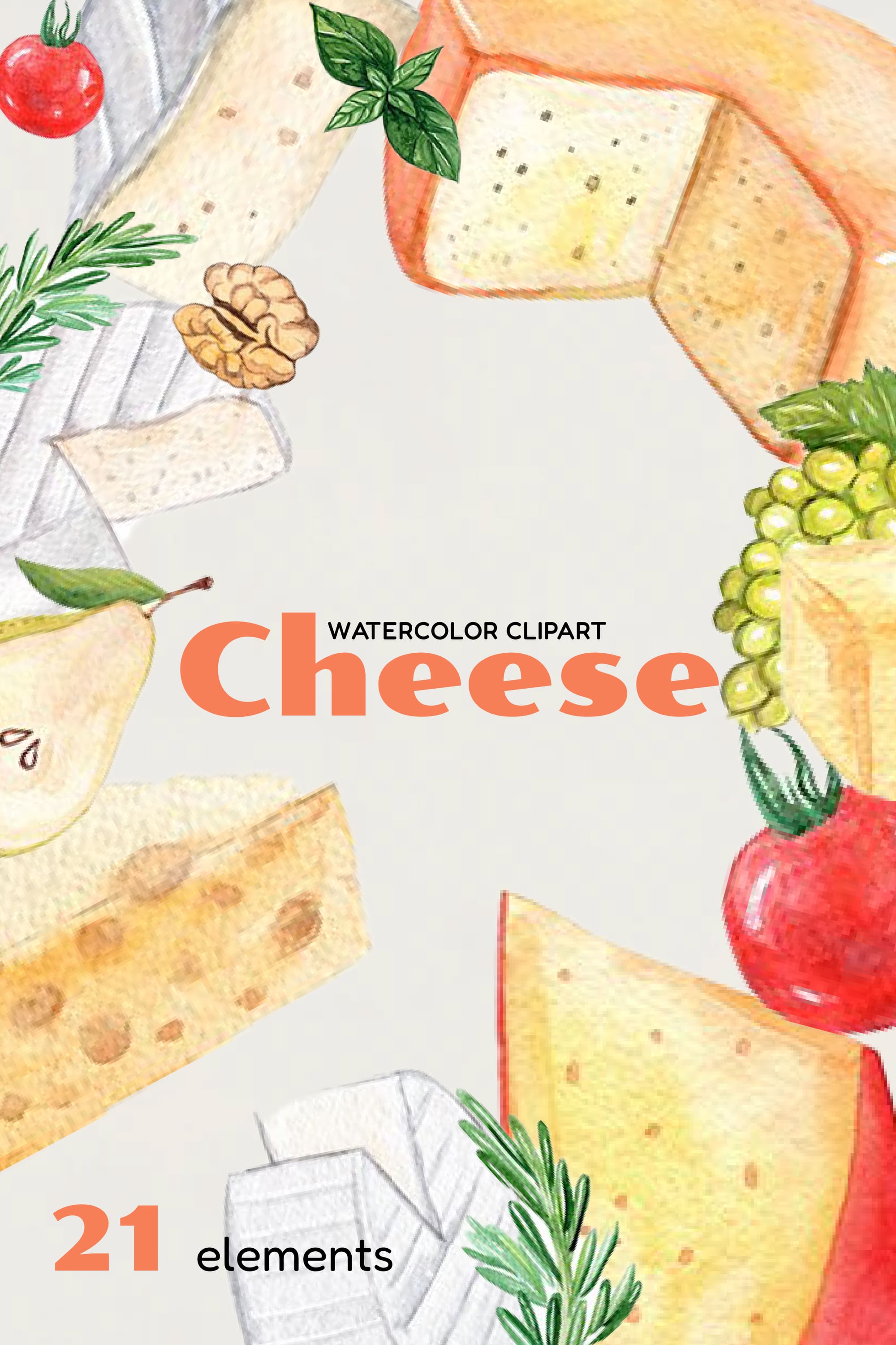 Collection of watercolor images of hard cheese and fruits.