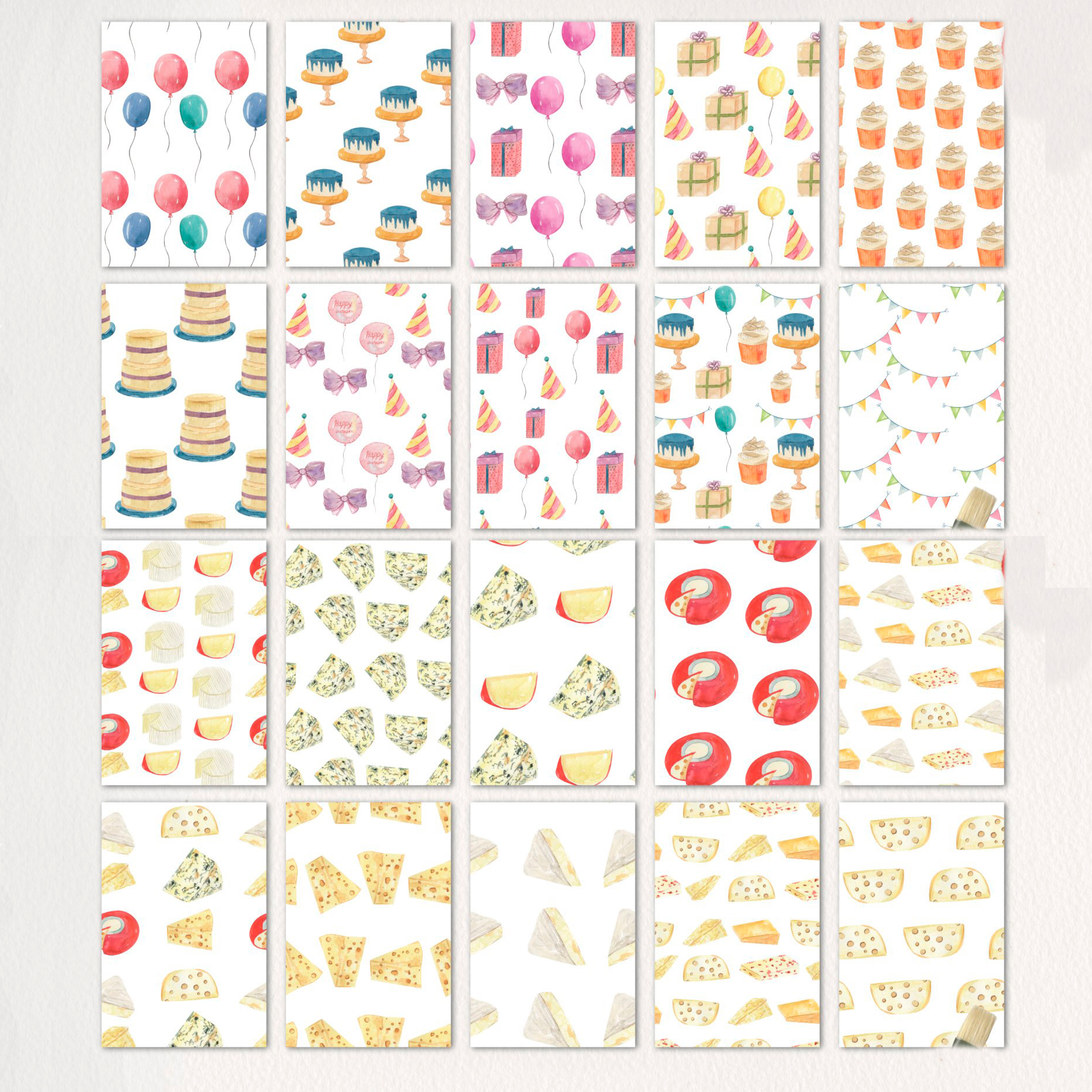 Set of colorful images of hard cheese and gift boxes.