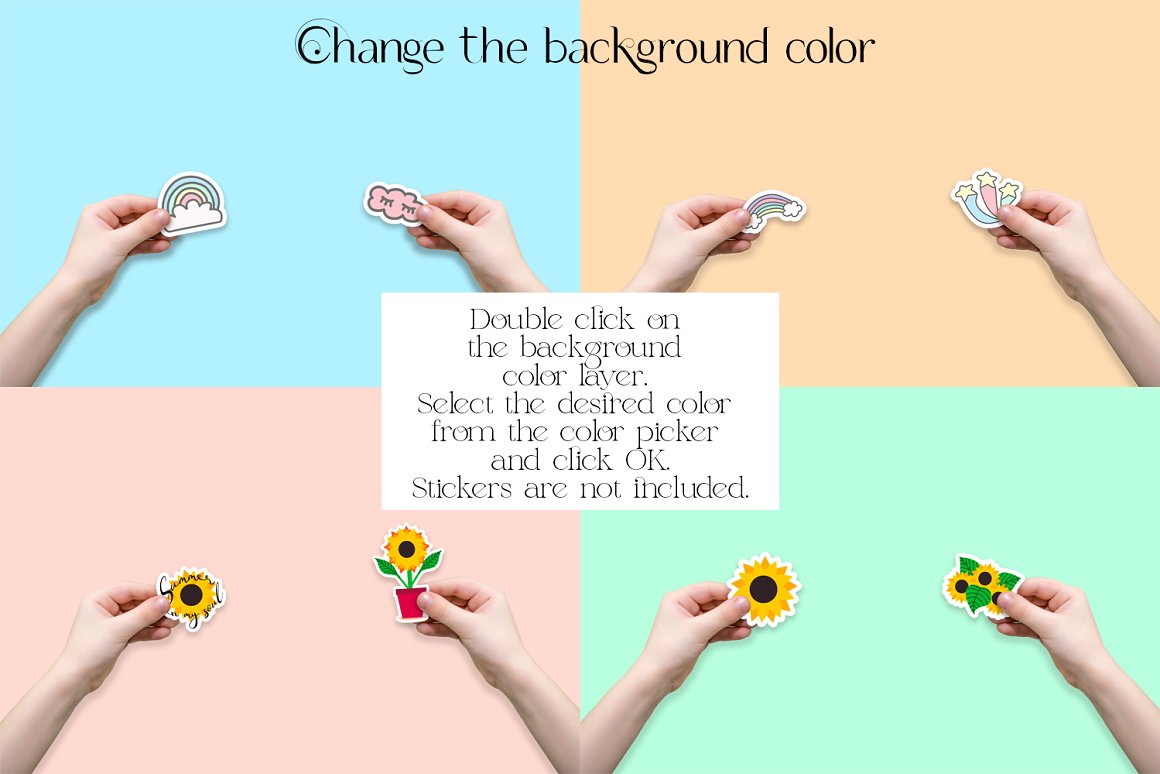 Image of irresistible stickers in the form of a child's hand on a background of various colors.
