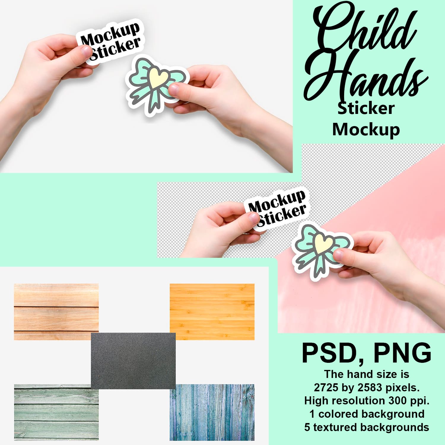Collection of images of charming stickers in the form of a child's hand.