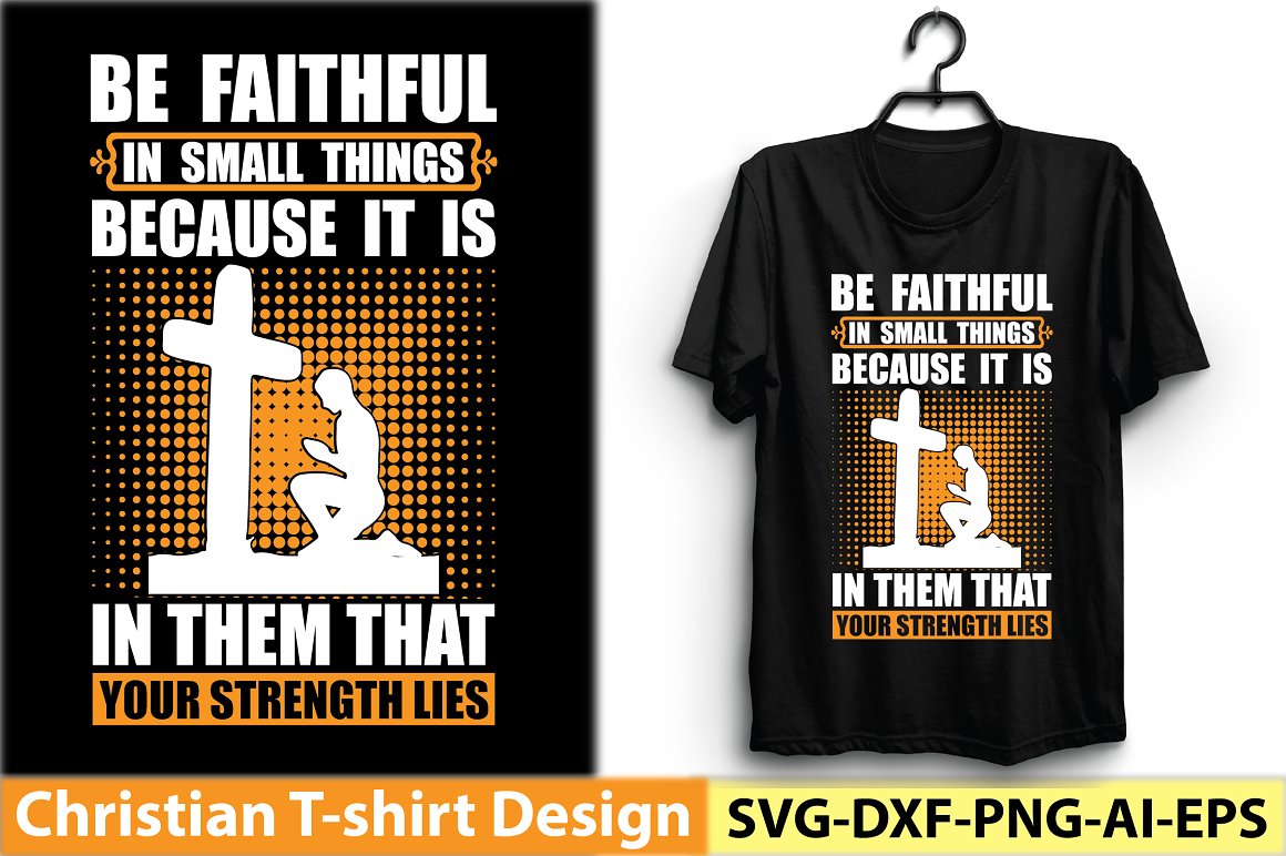 Black T-shirt with a beautiful print of a man kneeling near the cross.