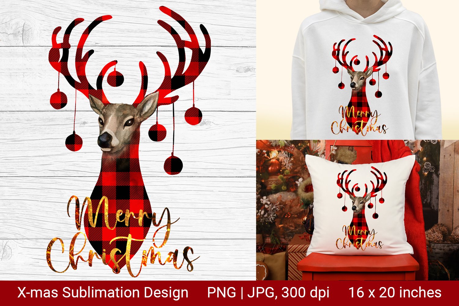Collection of adorable images of Christmas deer in red color.