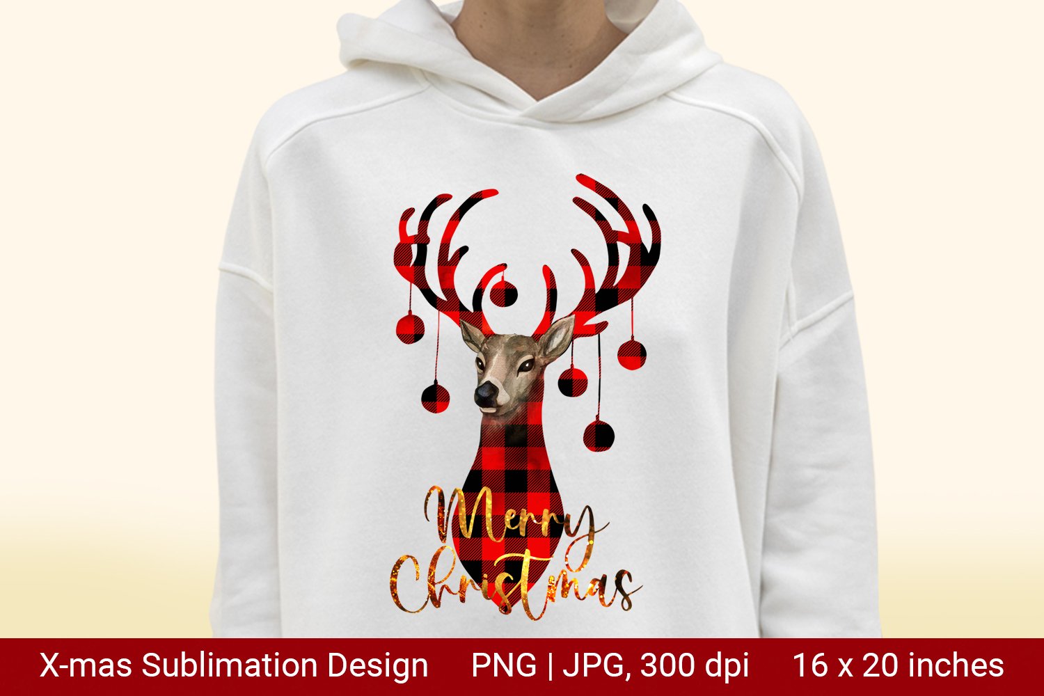 White hoodie with bright red Christmas deer print.