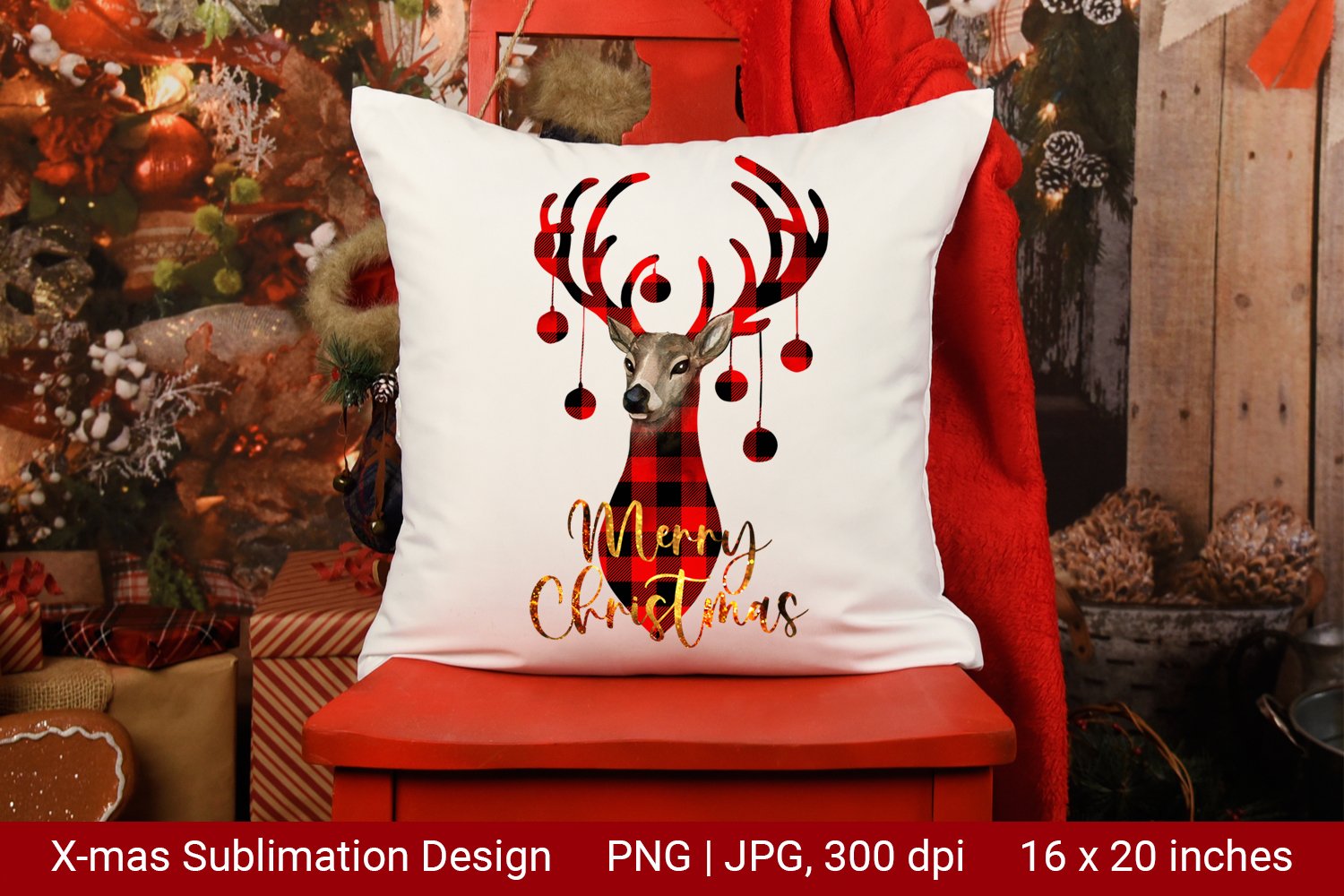 White pillow with colorful Christmas deer print.