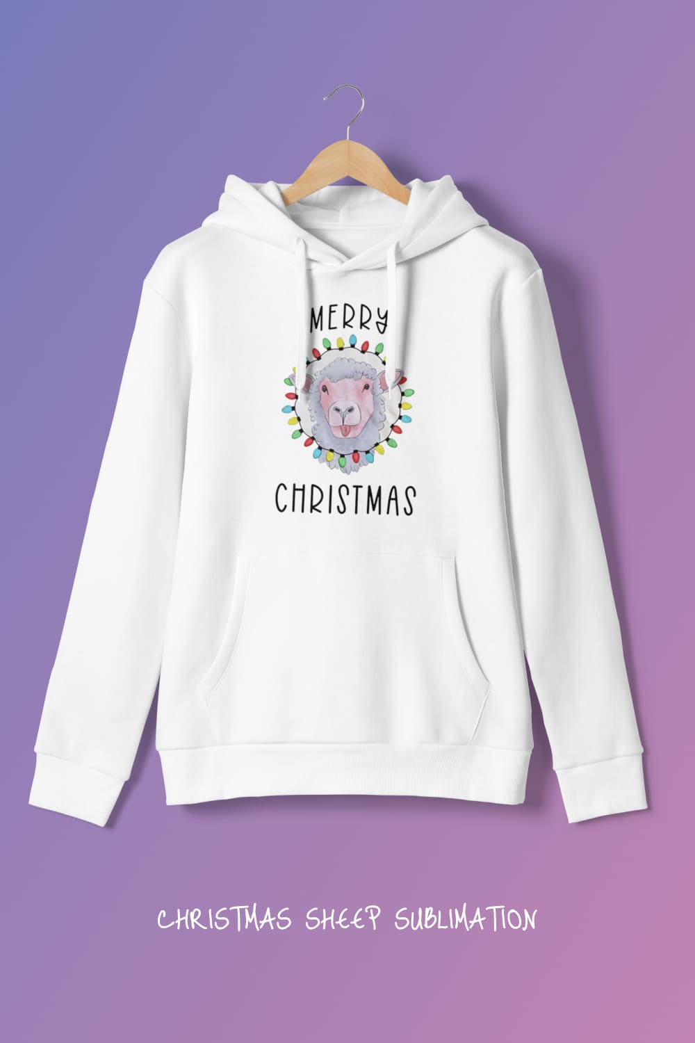 White sweatshirt with an amazing print of a cheerful sheep shrouded in lights.