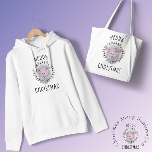 White sweatshirt and bag with a colorful print of a lamb shrouded in lights.