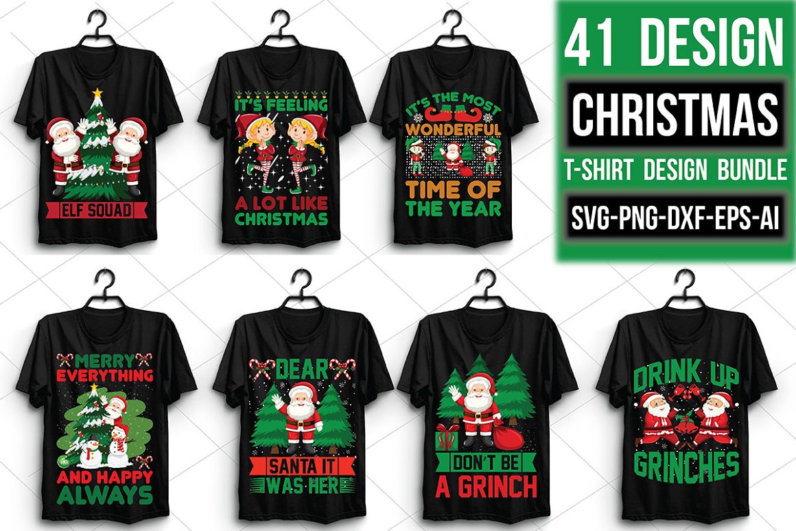 A set of T-shirts with bright Christmas prints.